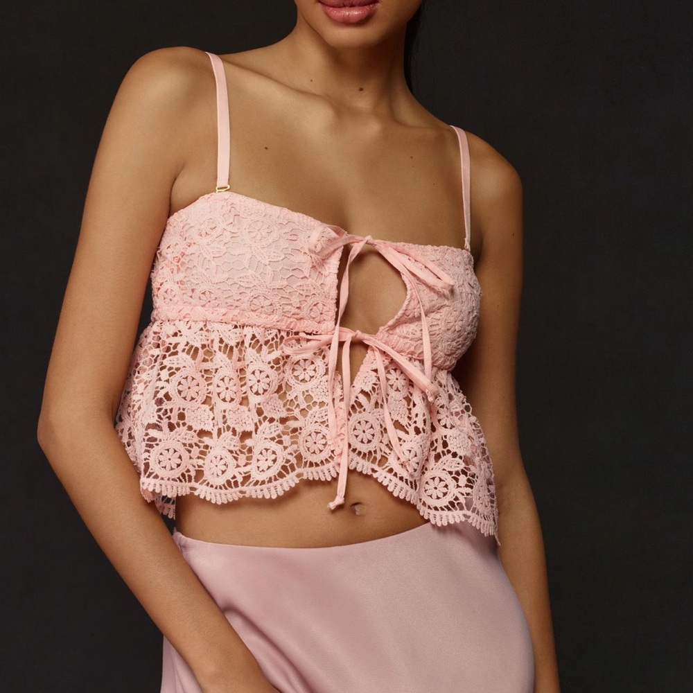 Delicate Pink Crochet Lace Tie-Front Cami Top